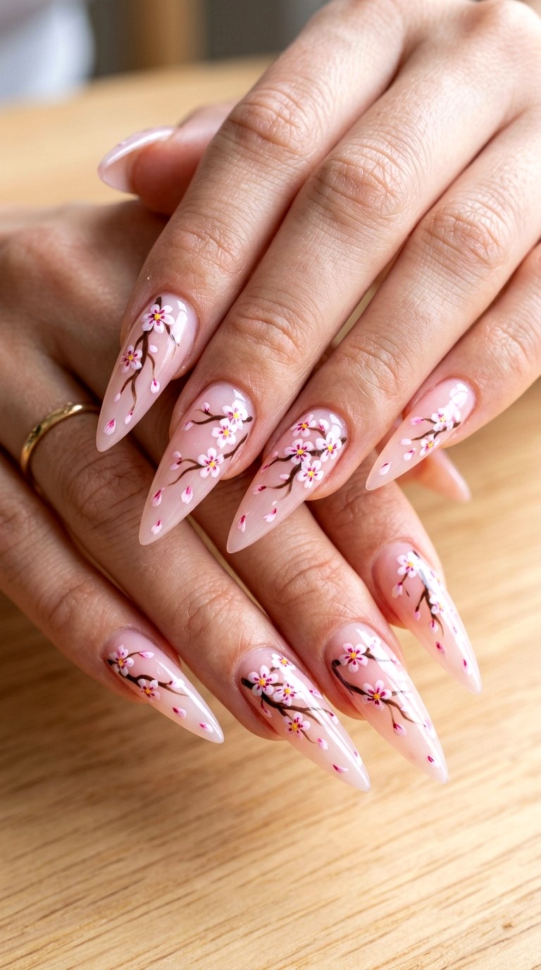 Cherry Blossom Wind Design - 28 Botanical Spring Stiletto Nails
