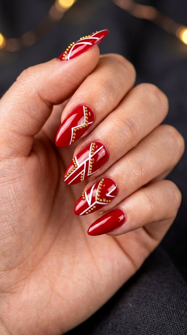 Cherry Red Gloss with Gold Structure - 29 Festive Spring Multicolor Acrylic Nails