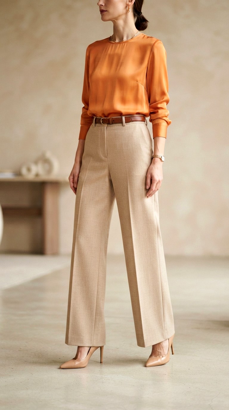 Chic Beige Tailored Trousers - 27 orange top outfit