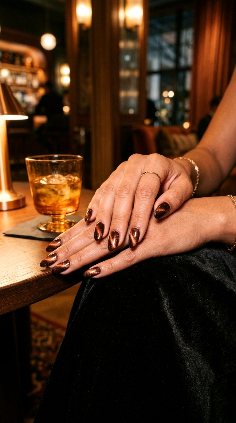 Chocolate Brown and Copper Shine - 26 Summer Dual-Tone Magnetic Cat Eye Nails Ideas