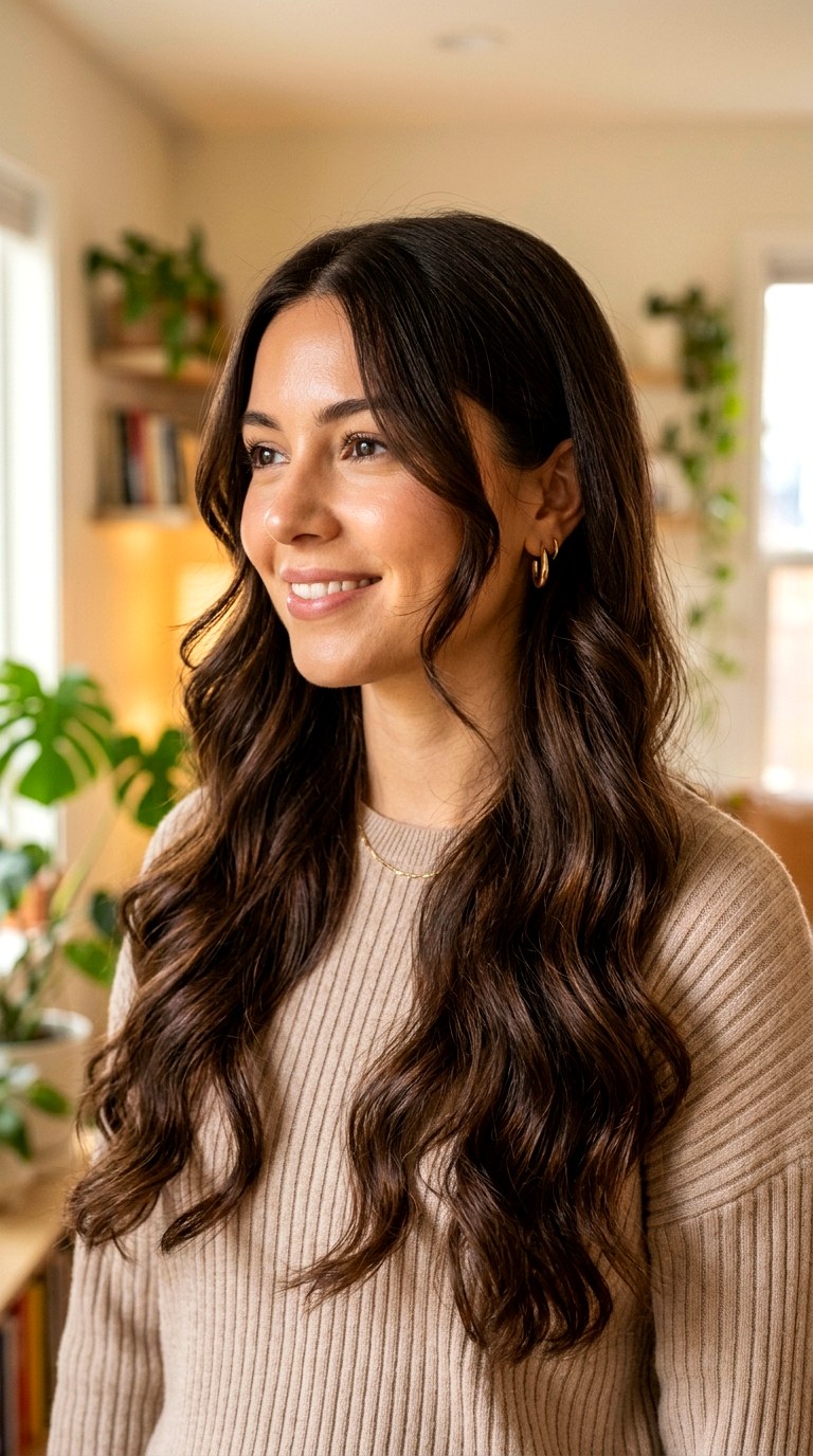Chocolate Cascade with Face Framing Tendrils - 24 long brunette hair with layers