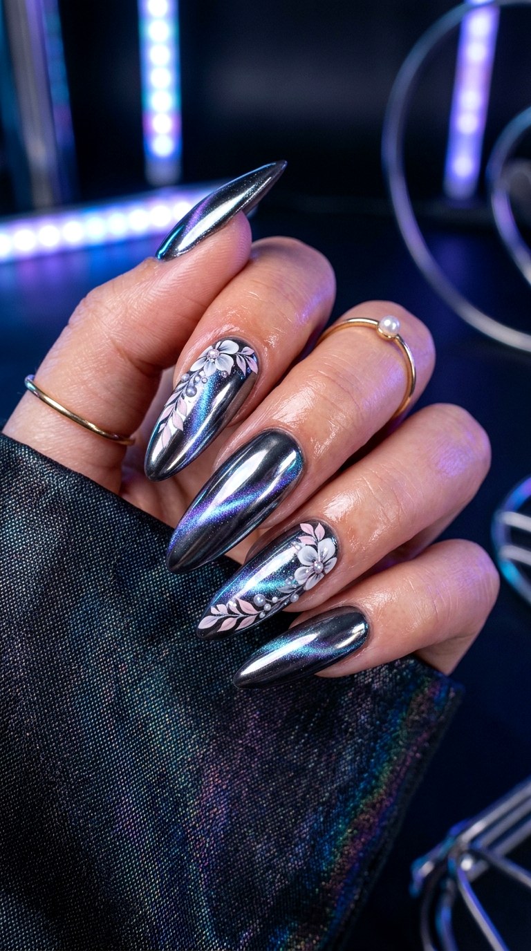 Chrome Cat Eye Nails with Floral Highlights - 25 Summer Floral Cat Eye Nails Ideas
