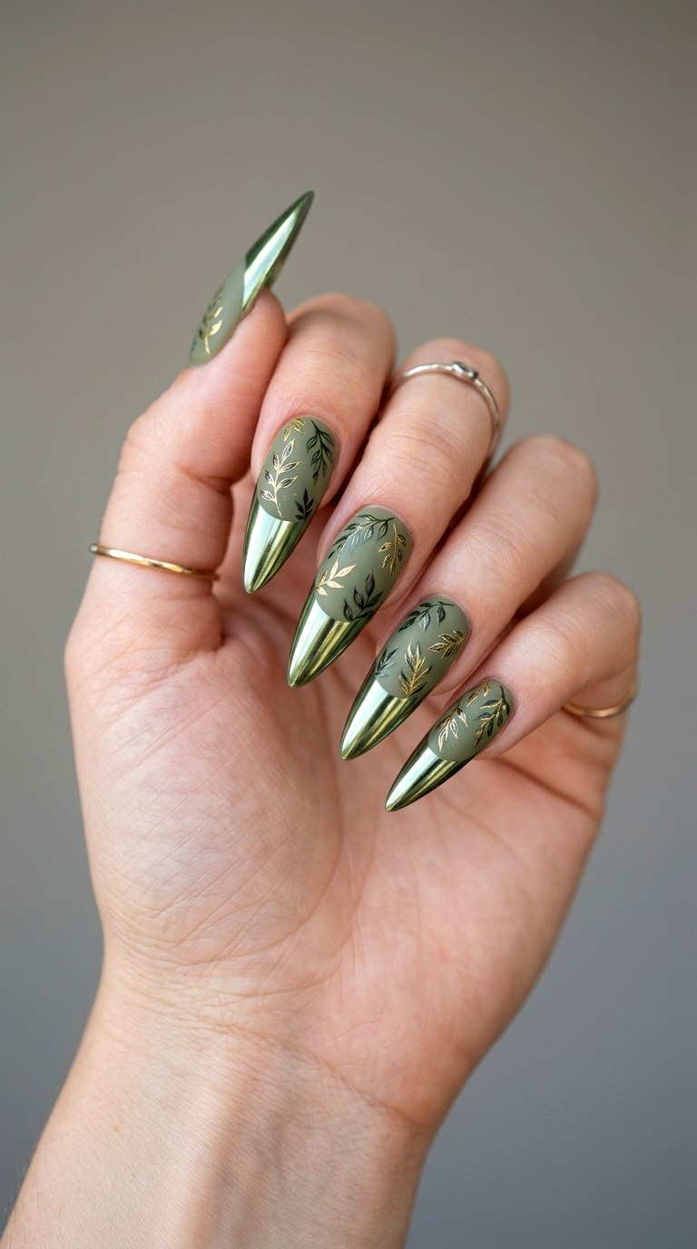 Chrome Green Botanical Shine - 21 Chrome Spring Stiletto Nails