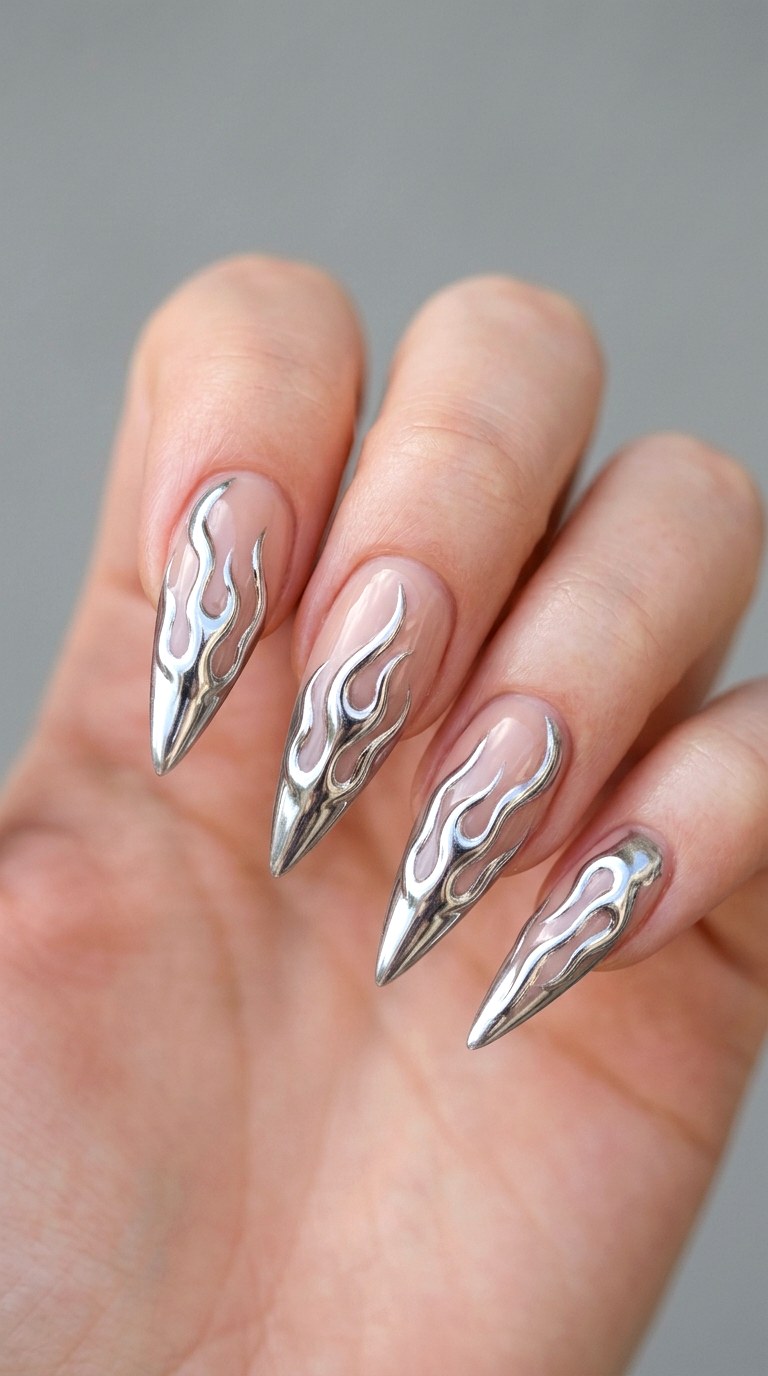 Chrome Liquid Flames - 21 Chrome Spring Stiletto Nails
