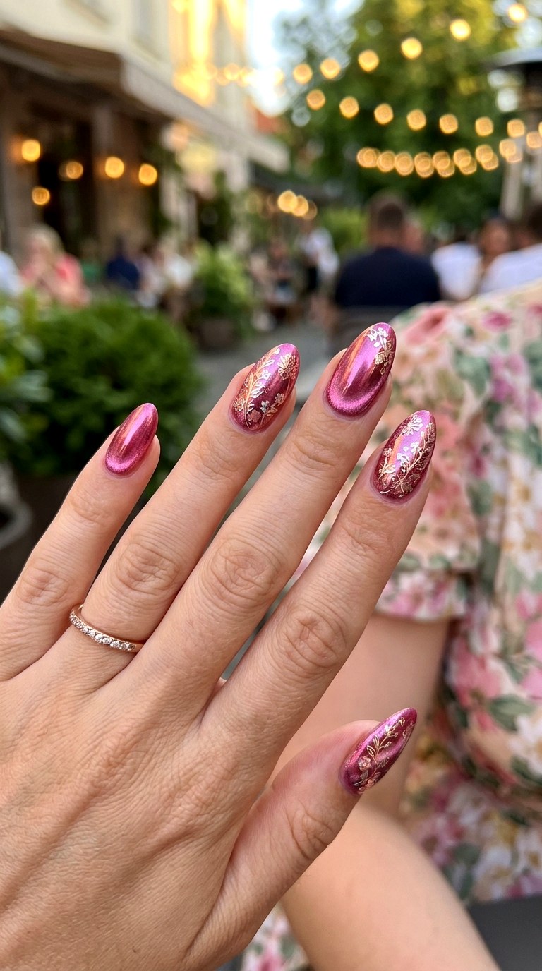 Chrome Pink Cat Eye with Floral Foil Accents - 22 Summer Glossy Floral Cat Eye Nails Ideas