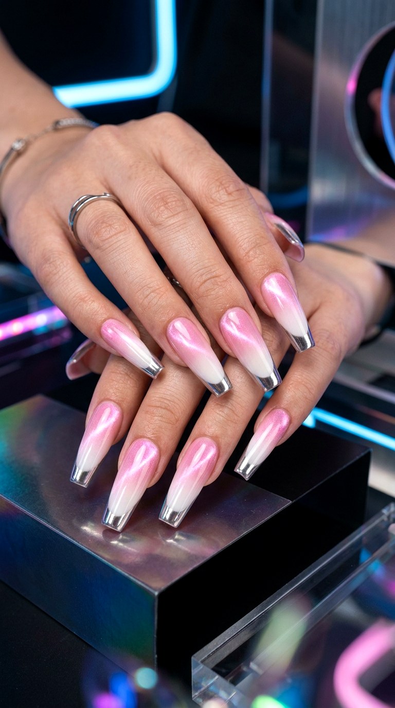 Chrome Tipped Pink and White Cat Eye Nails - 21 Summer Pink and White Gradient Cat Eye Nails Ideas