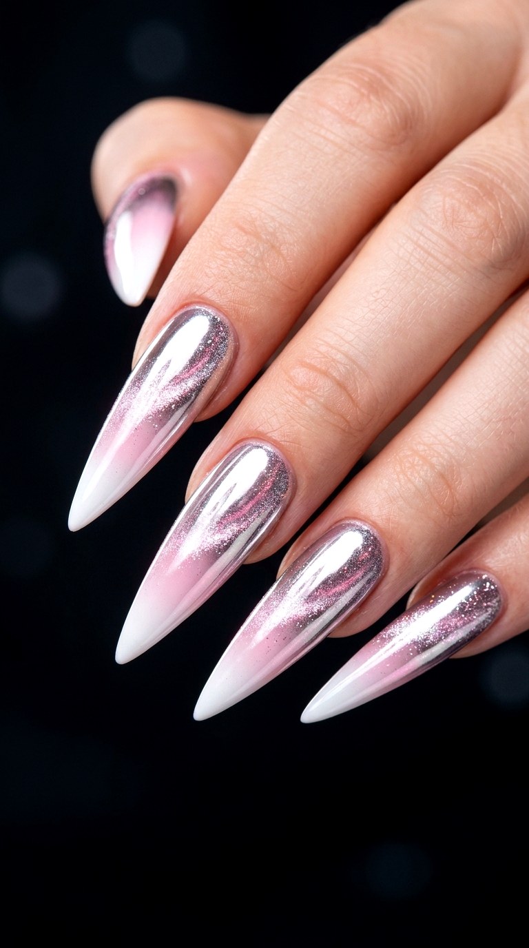 Chrome Touched Cat Eye Gradient Nails - 20 Spring Pink and White Gradient Cat Eye Nails Ideas