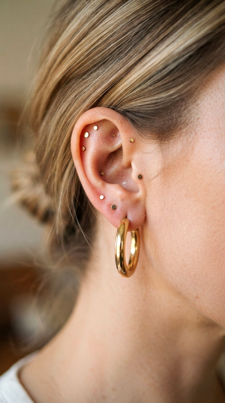 Chunky Hoop and Micro Stud Balance Gold Earnings - 27 earring stacks gold