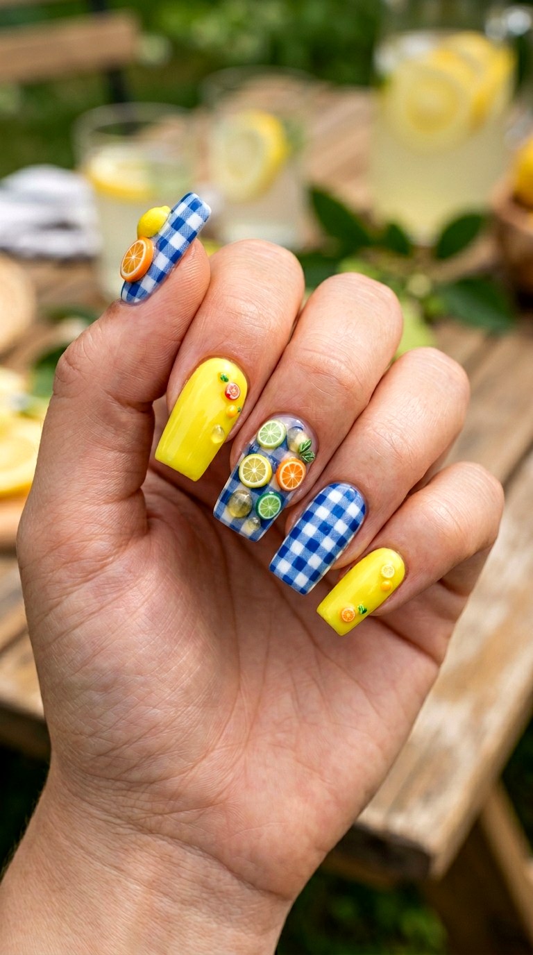Citrus Gingham Picnic Party - 29 Maximalist Spring Colorful Junk Nails