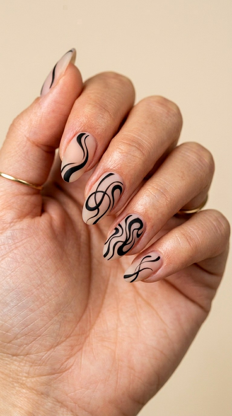 Classic Black and Nude Swirl - 26 Matte Spring Acrylic Nails