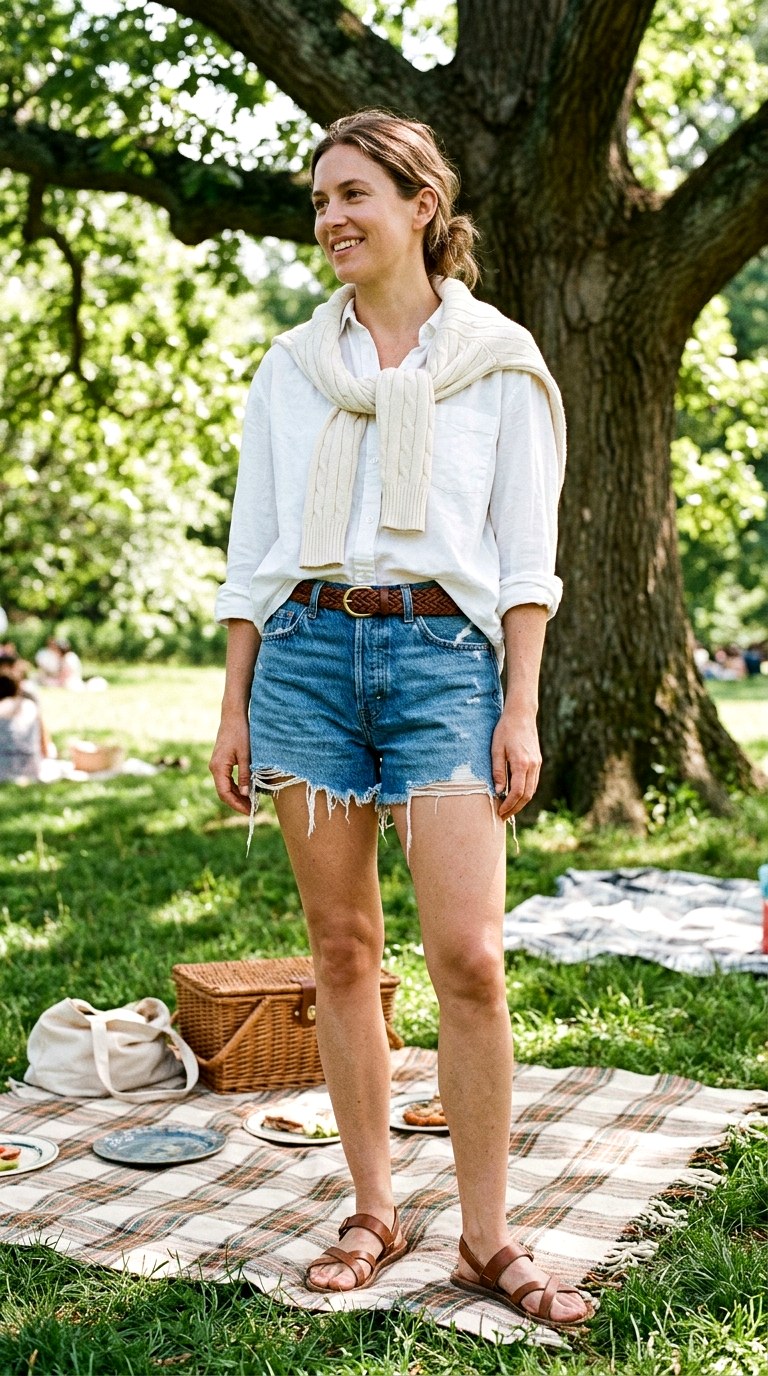 Classic Blue Denim Cutoffs With Button Down Shirt - 20 classic summer outfits