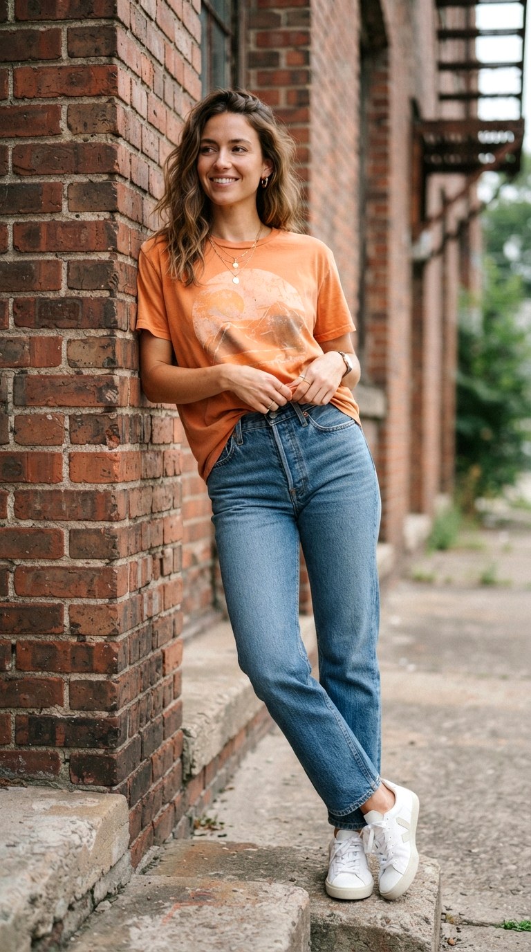 Classic Blue Straight Leg Jeans - 27 orange top outfit
