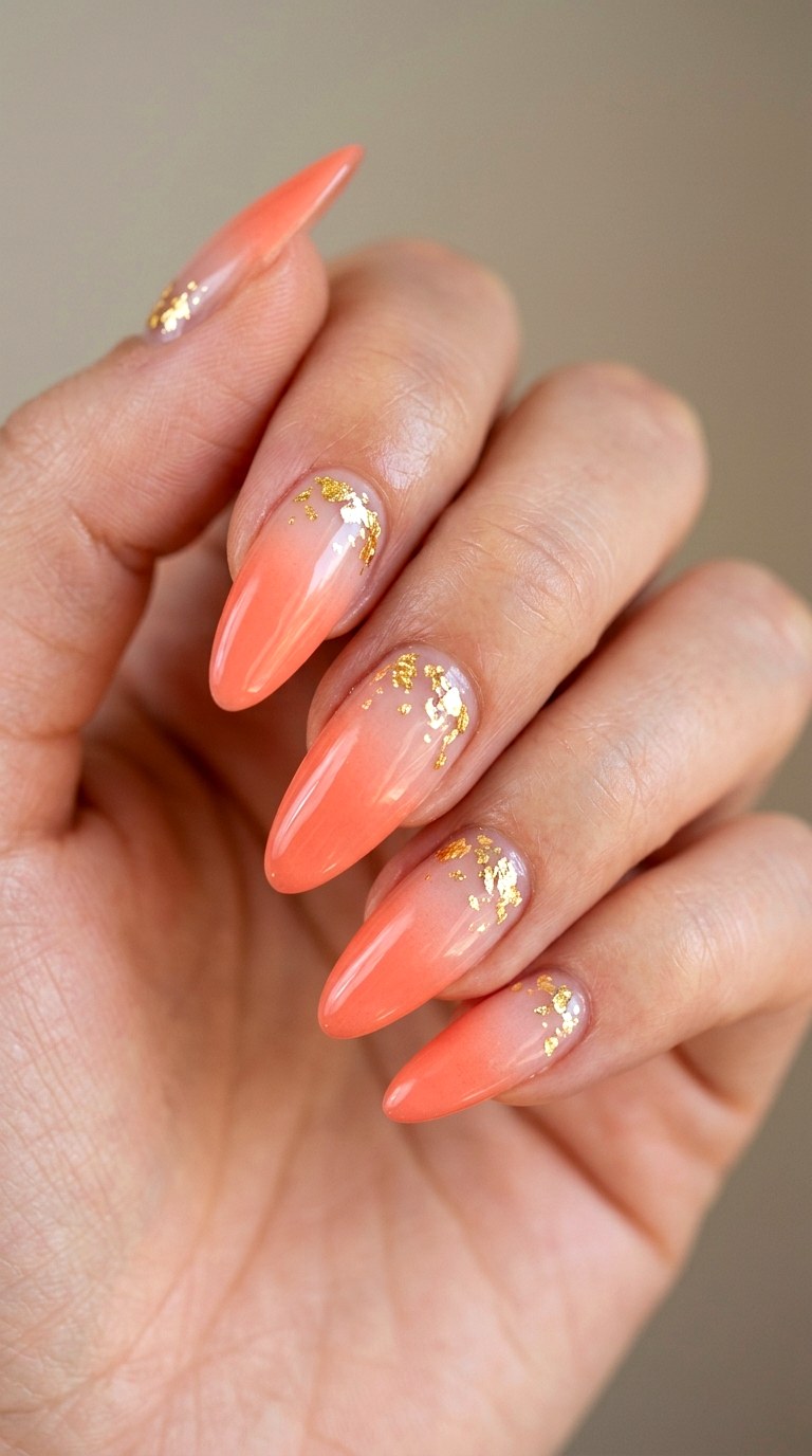 Classic Coral and Gold Foil Accent - 25 Sunset Spring Ombre Nails
