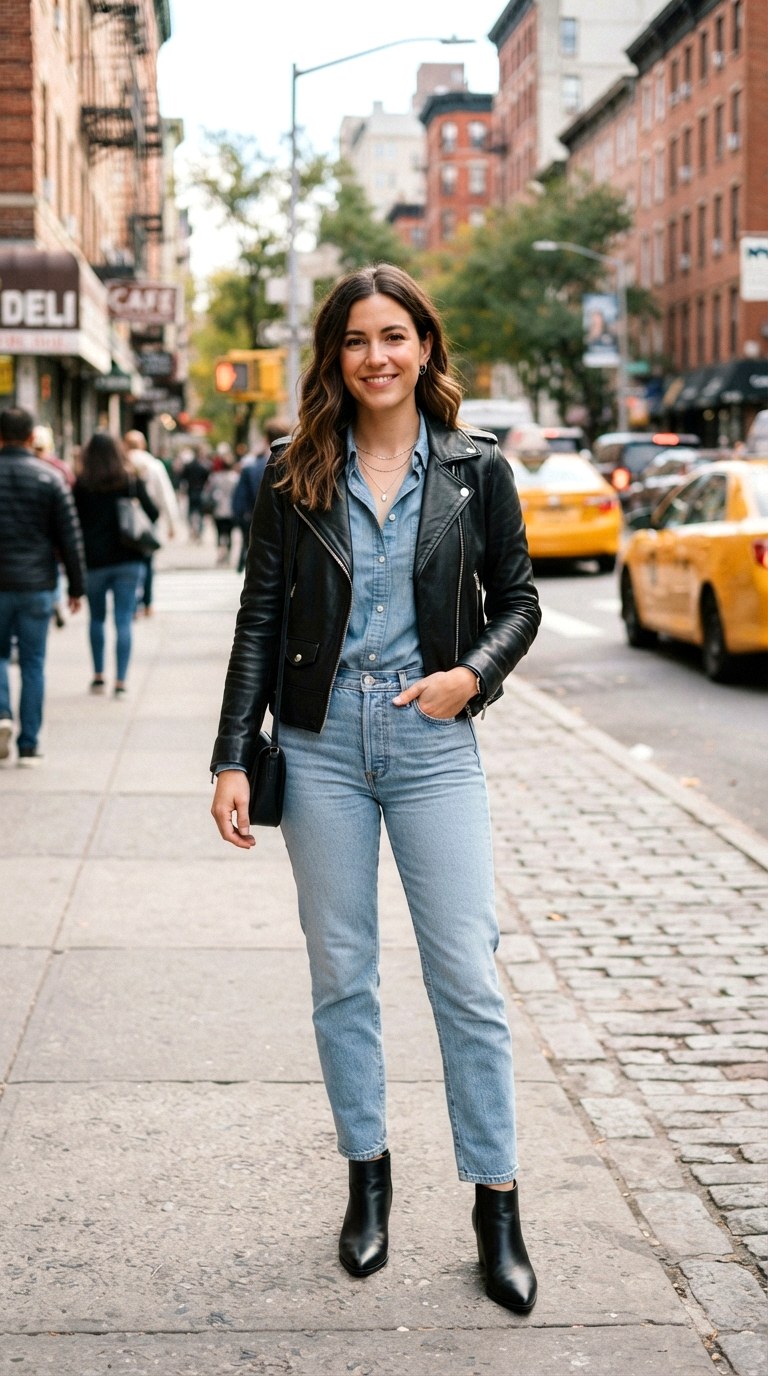 Classic Double Denim Upgrade - 29 leather jacket outfit