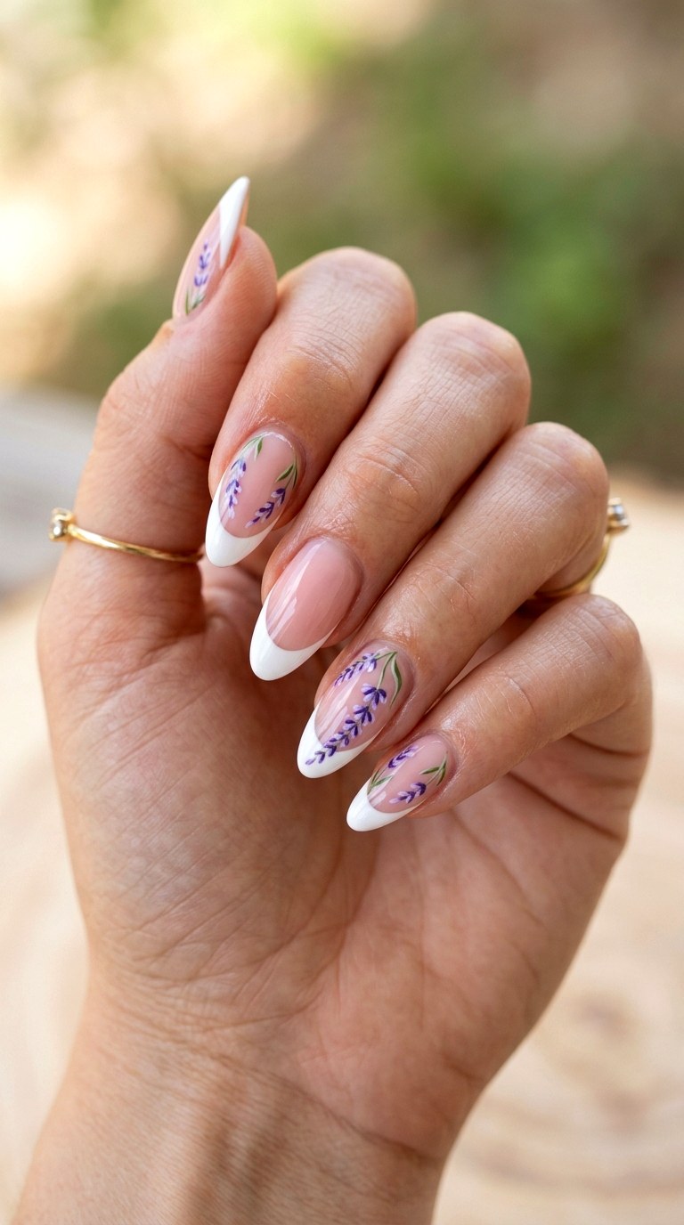 Classic French with Lavender Sprigs - 26 Floral Spring Acrylic Nails