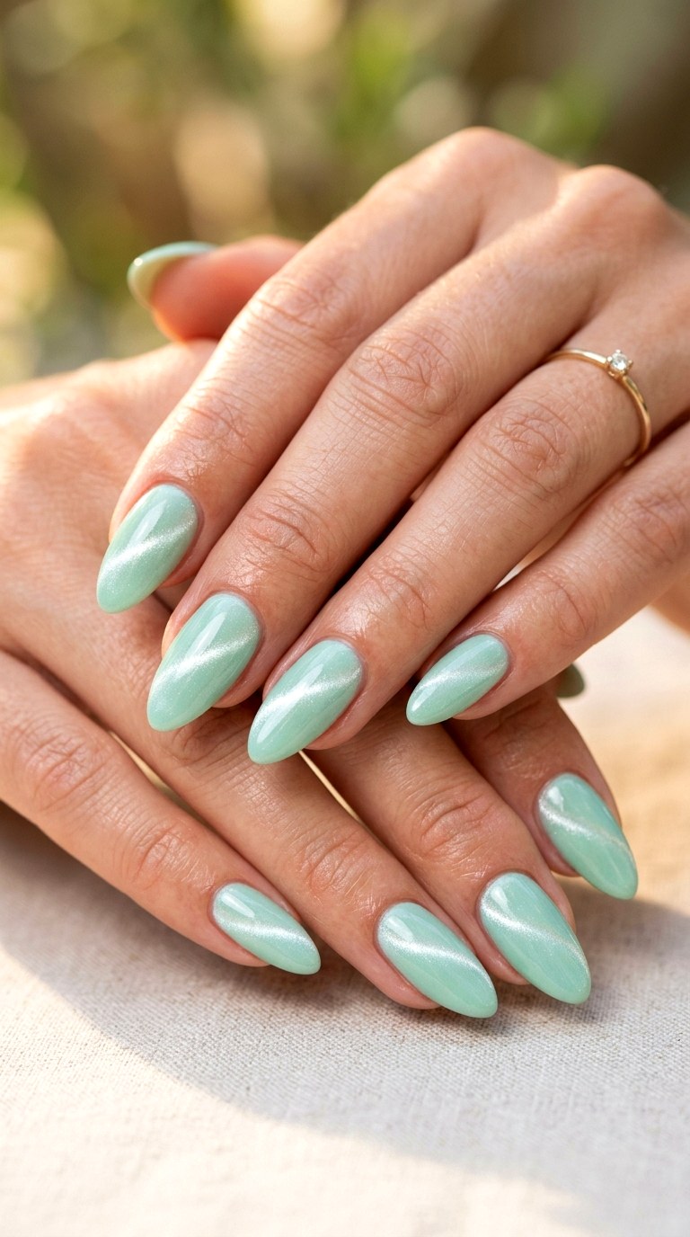 Classic Mint Green Cat Eye Glow - 23 Summer Mint Green Cat Eye Nails with Sparkle Ideas