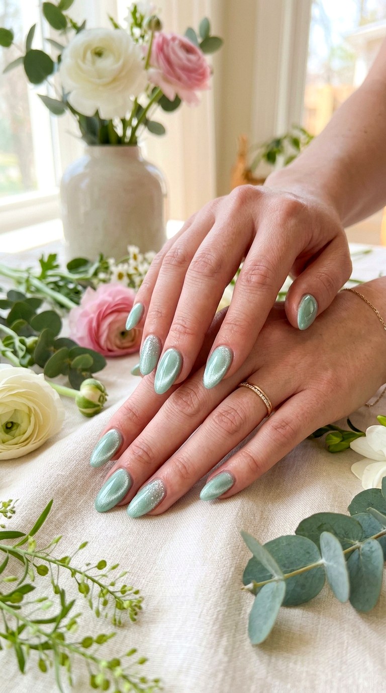 Classic Mint Green Cat Eye with Silver Glitter - 20 Spring Mint Green Cat Eye Nails with SparkleIdeas