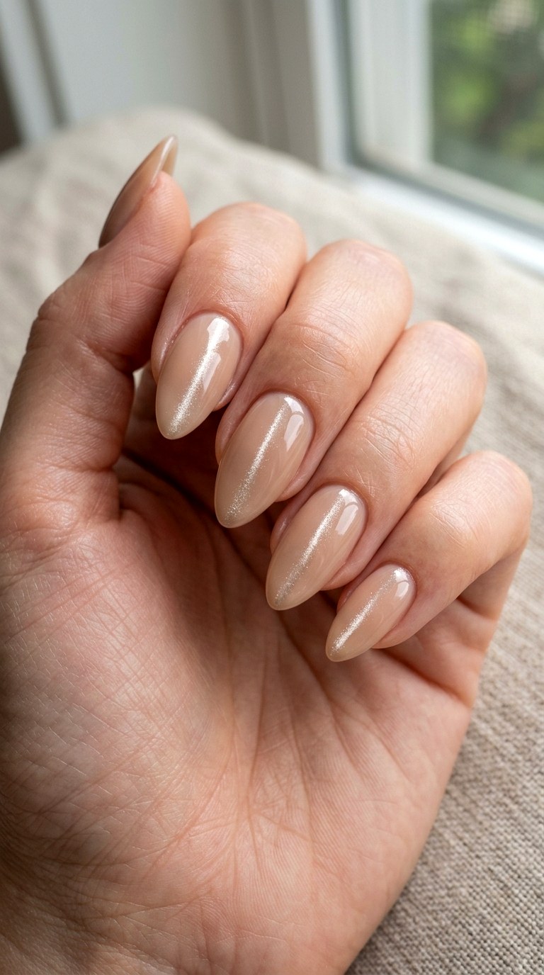Classic Nude with Vertical Cat Eye Line - 24 Summer Nude Base Cat Eye Nails Ideas