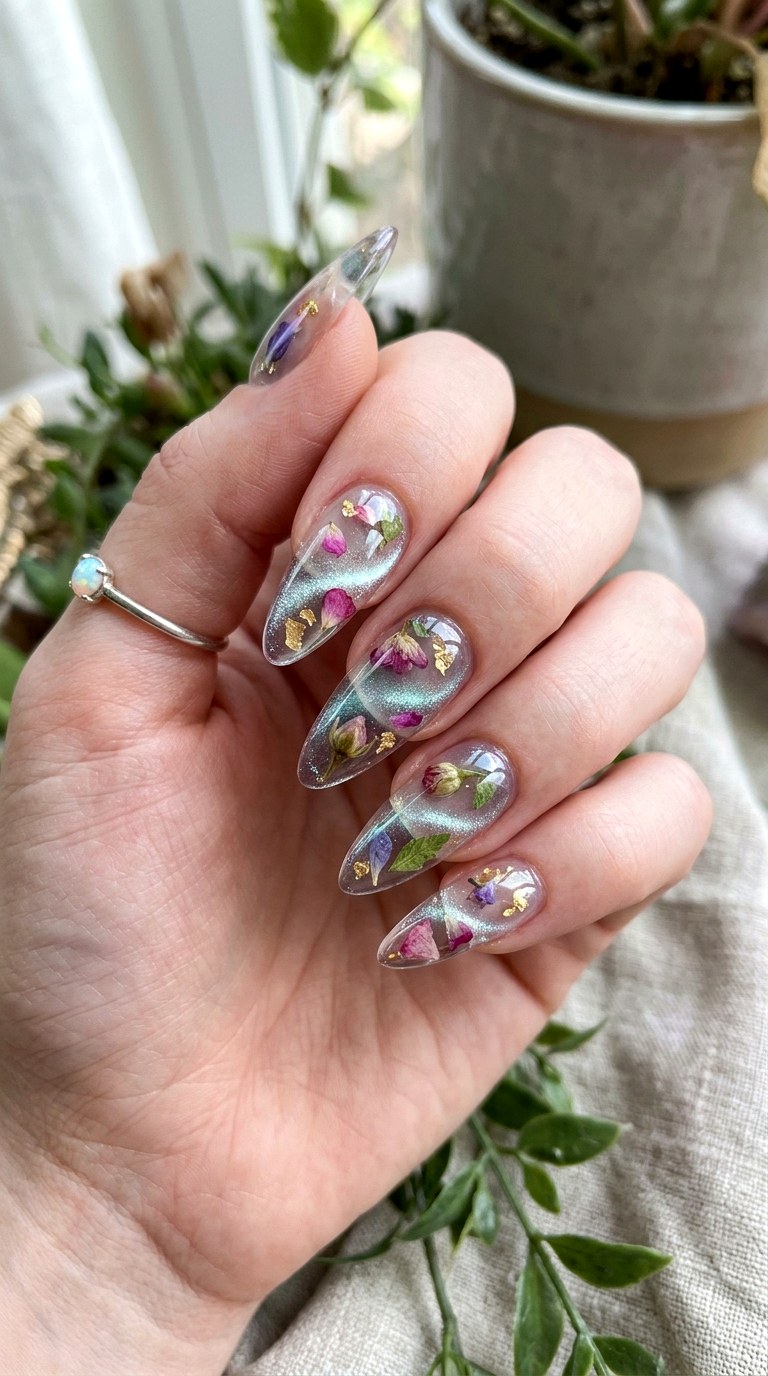 Clear Base Cat Eye Nails with Floating Florals - 25 Summer Floral Cat Eye Nails Ideas