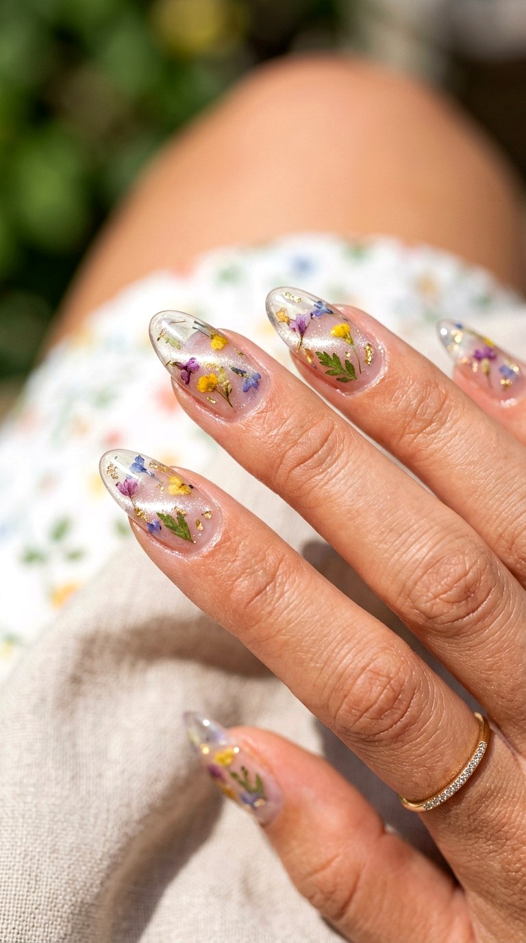 Clear Base Cat Eye with Encapsulated Flowers - 22 Summer Glossy Floral Cat Eye Nails Ideas