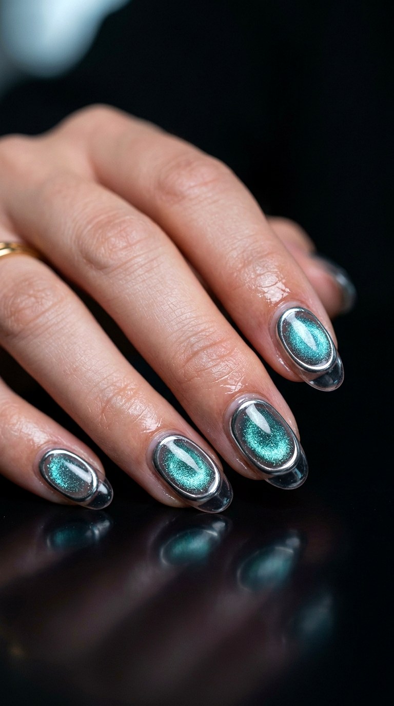Clear Base Cat Eye with Floating Chrome Outline - 22 Summer Chrome Outline Cat Eye Nails Ideas