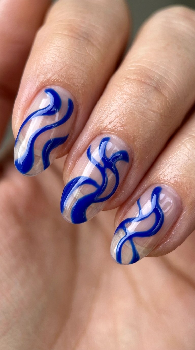 Clear Base with Cobalt Blue Swirls - 22 Minimalist Spring Two Colored Nails