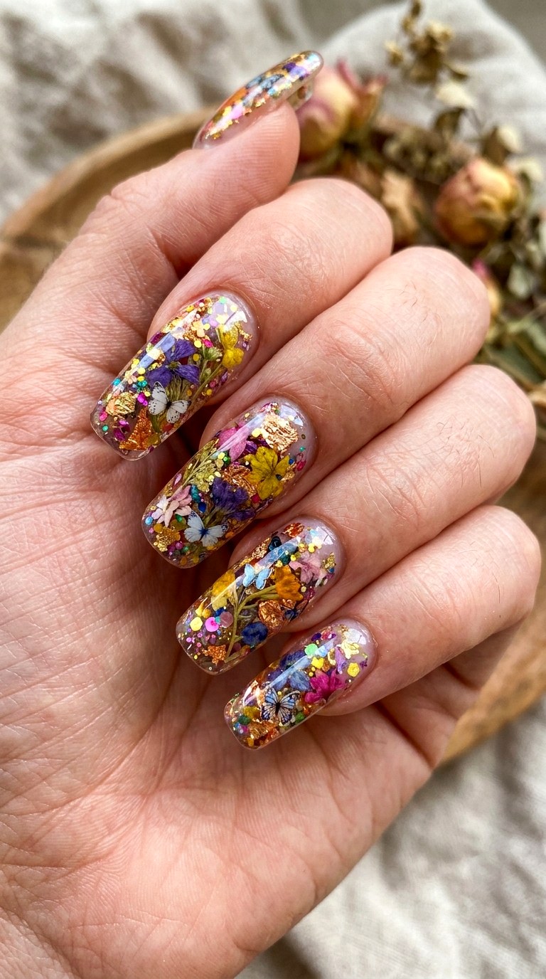 Clear Base with Scrapbook Layering - 23 Contrast Spring Colorful Junk Nails