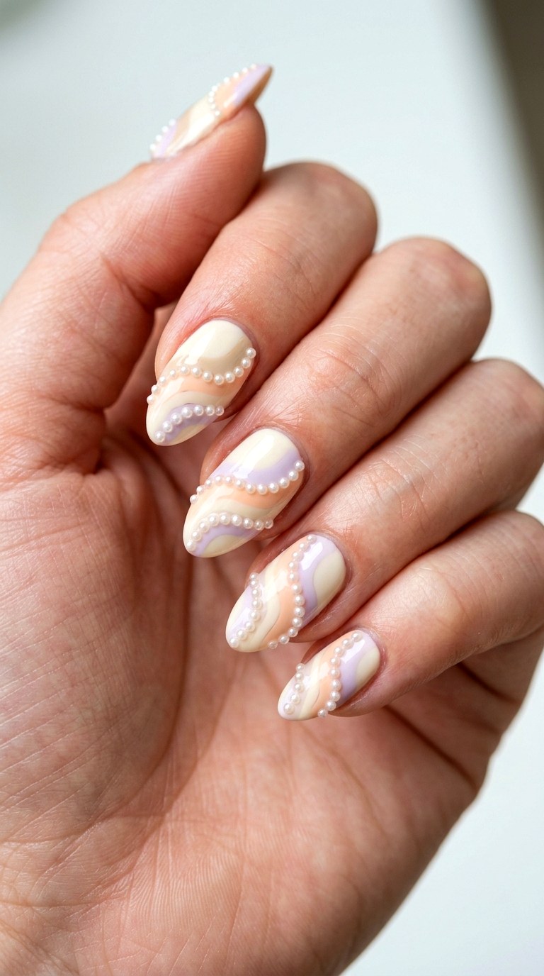 Clustered Micro Pearls on Wavy Pastels - 26 Creative Spring Colorful Junk Nails