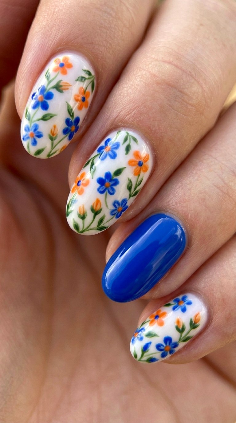 Cobalt Blue and Tangerine Florals - 23 Trendy Spring Color Street Nails
