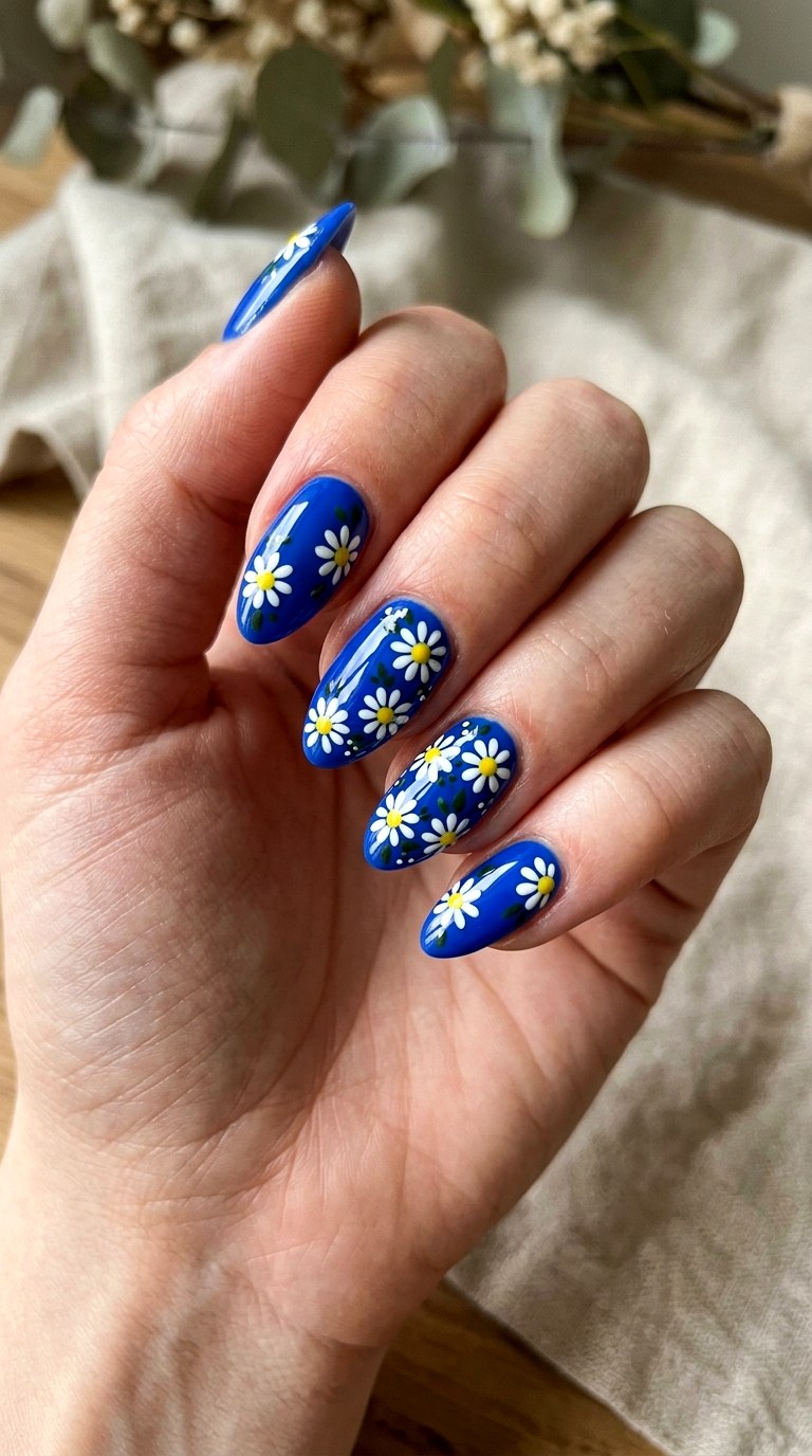 Cobalt Blue and White Florals - 30 Cheerful Spring Multicolor Nails