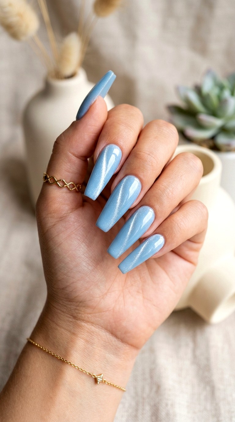 Coffin Shape Baby Blue Cat Eye Nails - 20 Summer Baby Blue Cat Eye Nails Ideas