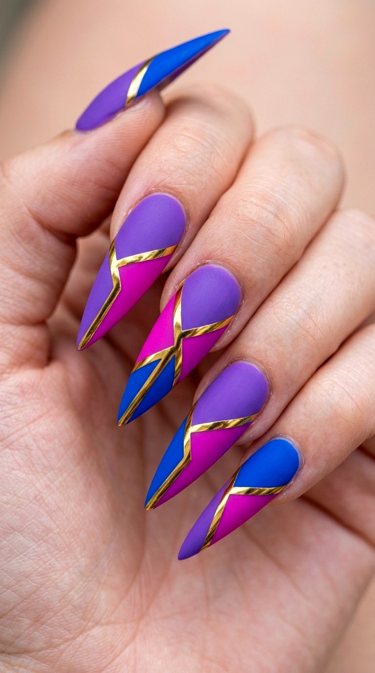 Color Blocked Brights with Gold Chrome Dividers - 20 Sunny Spring Multicolor Acrylic Nails