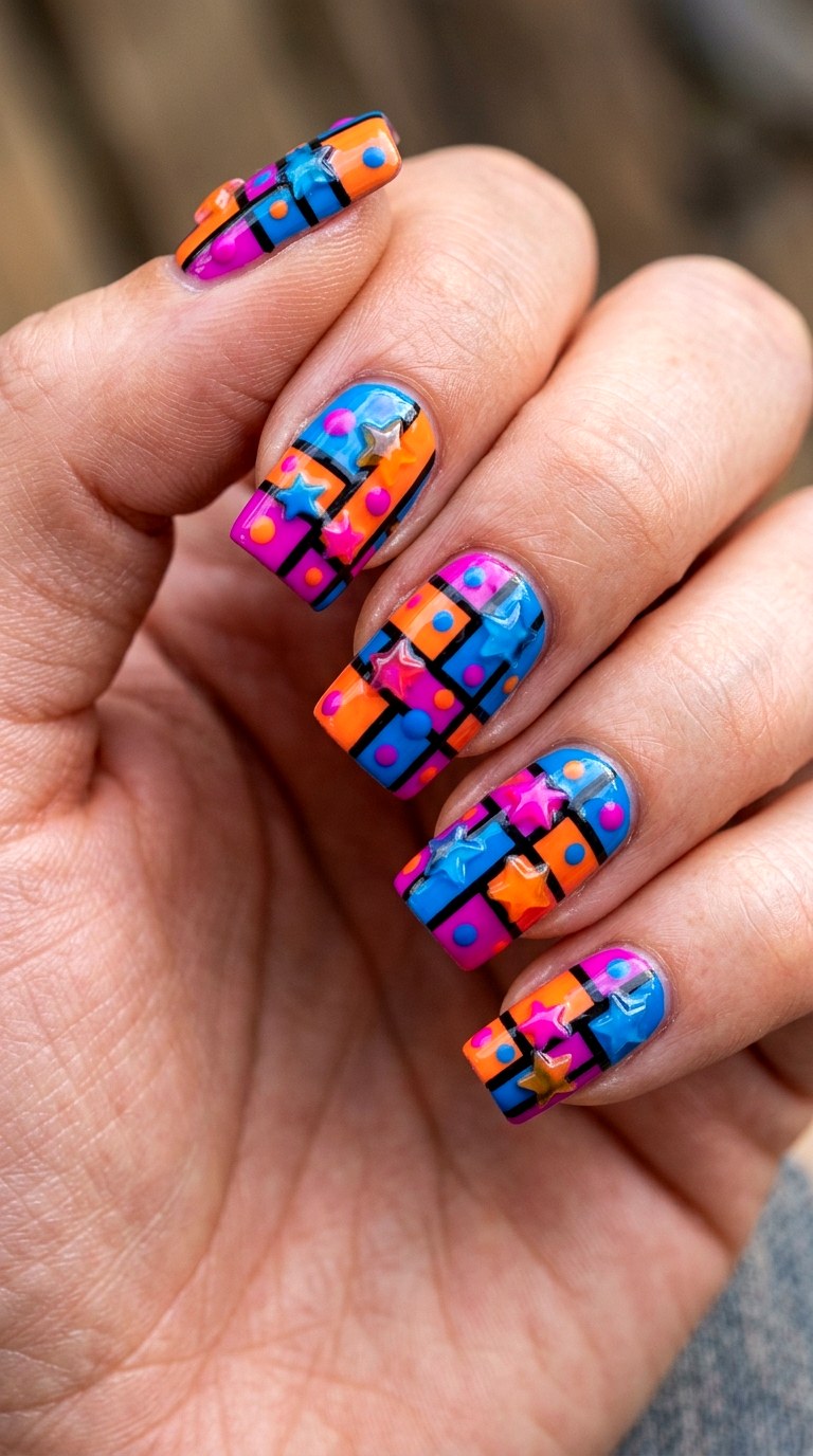 Color Blocked Neon Puzzle - 25 Bold Spring Colorful Junk Nails