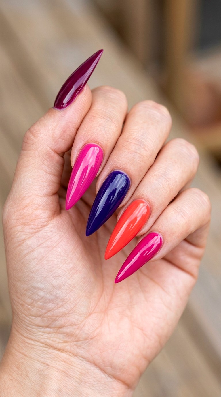 Colorful Mixed Berry Skittles - 21 Edgy Spring Stiletto Nails
