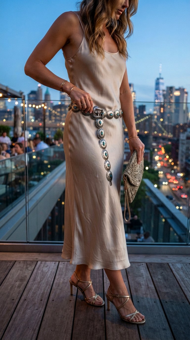 Concho Belt with Silk Slip Dress Western Chic Outfit - 29 western chic outfits