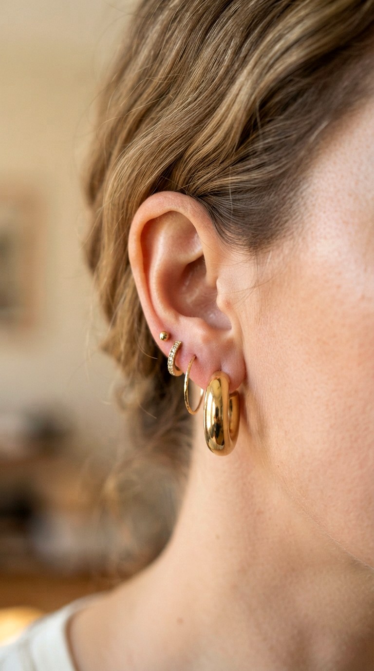Contrasting Thickness Moment - 20 earring stacks gold 2 holes