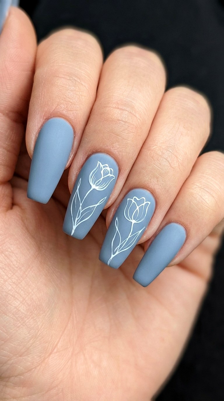 Cool Slate Blue Matte with Floral Line Art - 21 Matte Spring Multicolor Nails