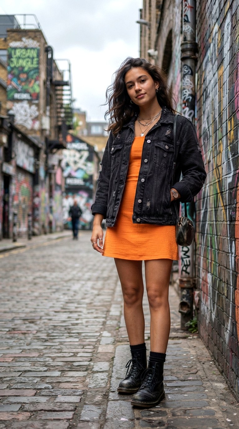 Cool Washed Black Denim Jacket - 27 orange top outfit