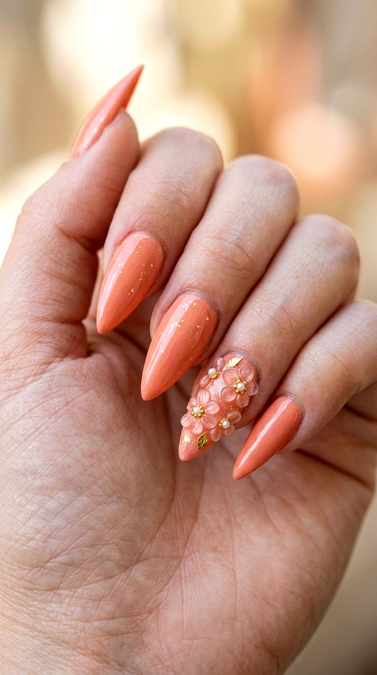 Coral D Flower Accent - 25 Sleek Spring Stiletto Nails