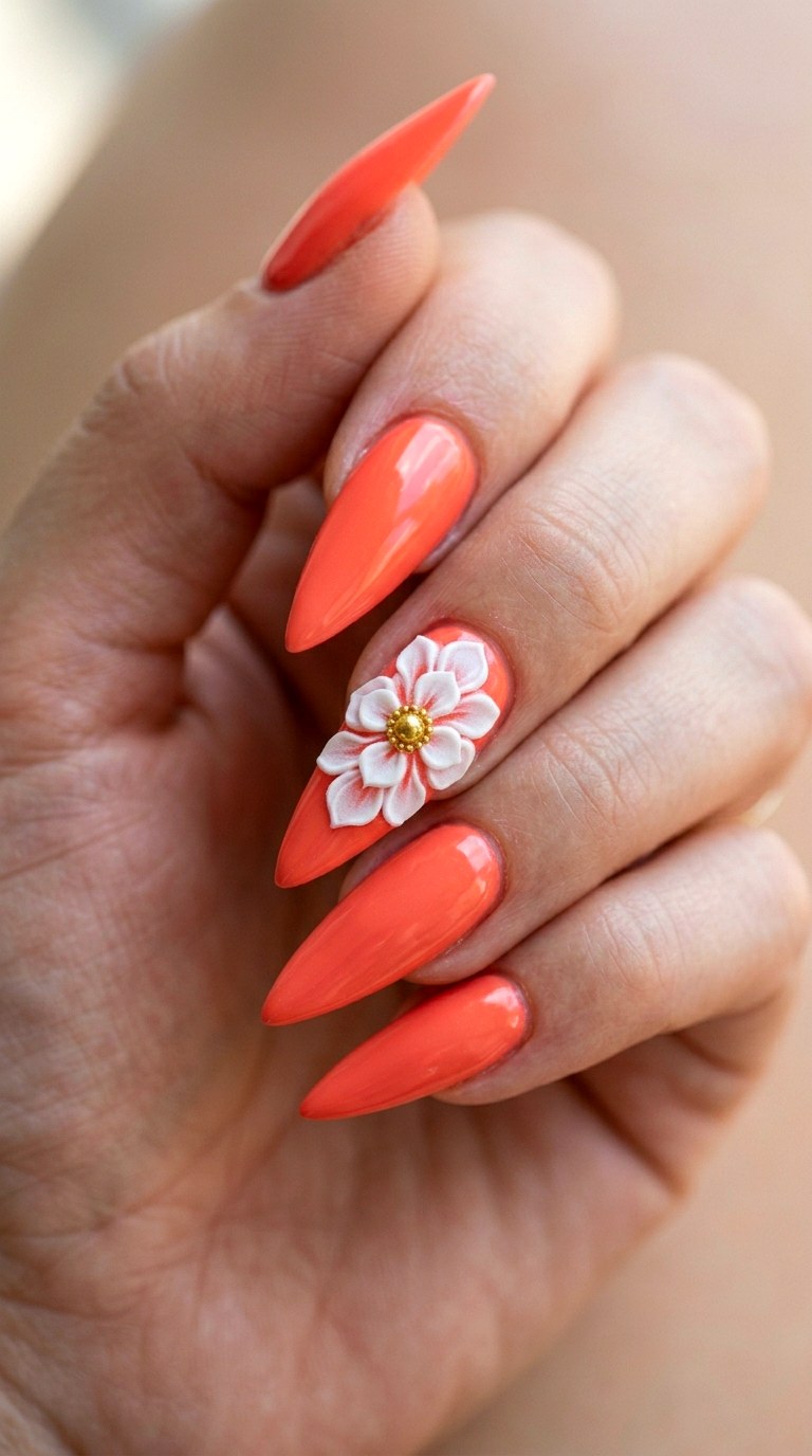 Coral Blossom D Accents - 28 Sharp Spring Stiletto Nails