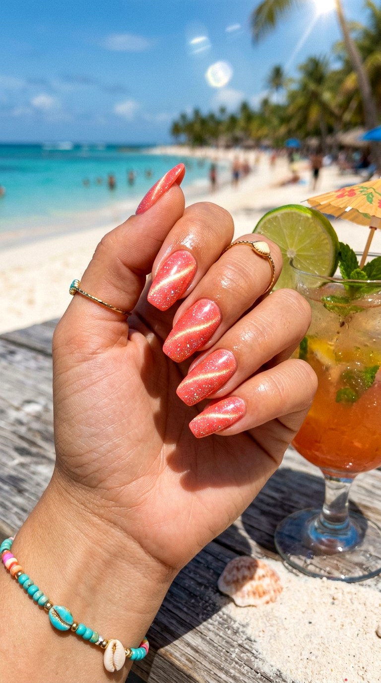 Coral Blush Cat Eye with Sparkle Overlay - 21 Summer Blush Cat Eye Nails with Glitter Ideas