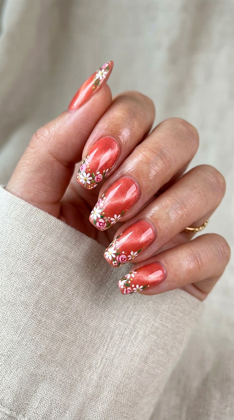 Coral Cat Eye Nails with Floral Tips - 25 Summer Floral Cat Eye Nails Ideas