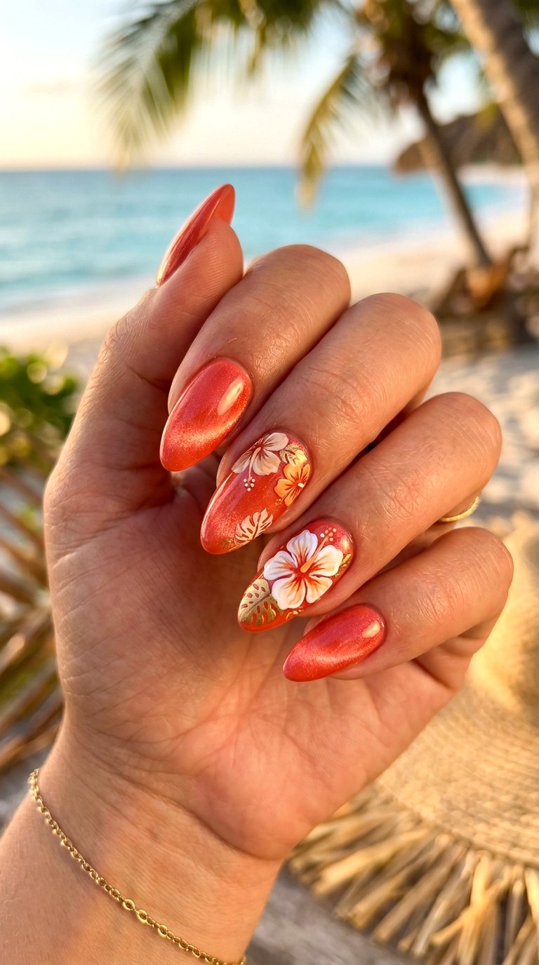 Coral Cat Eye Nails with Tropical Flowers - 22 Summer Glossy Floral Cat Eye Nails Ideas