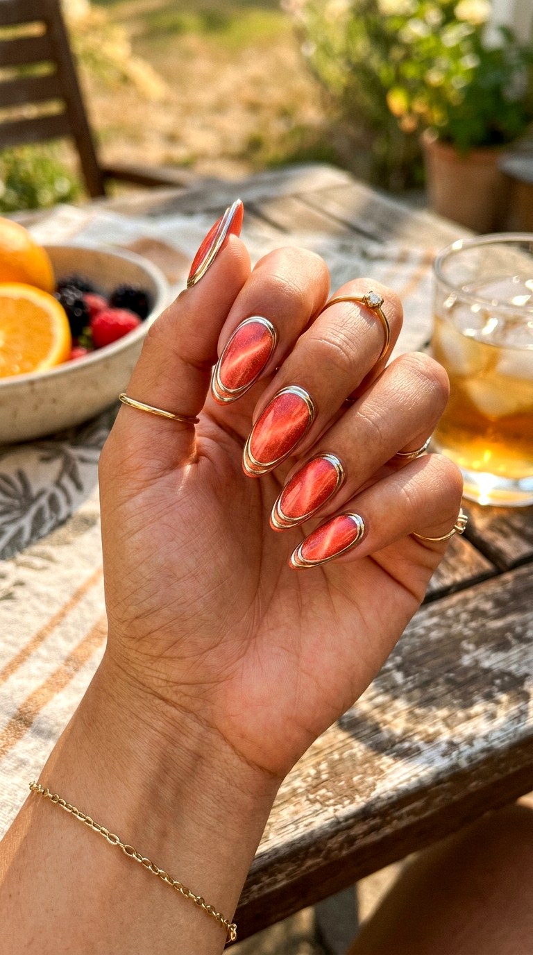 Coral Cat Eye with Dual Chrome Outline - 22 Summer Chrome Outline Cat Eye Nails Ideas
