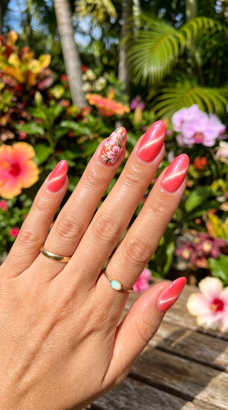 Coral Floral Cat Eye Nails - 20 Spring Floral Cat Eye Nails Ideas
