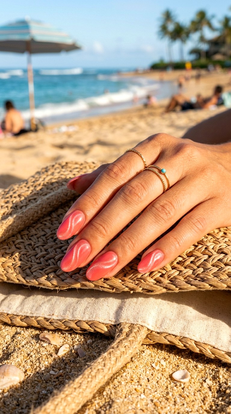 Coral Pink Cat Eye with Wavy Shimmer Line - 22 Summer Pink Cat Eye Nails with Shimmer Line Ideas