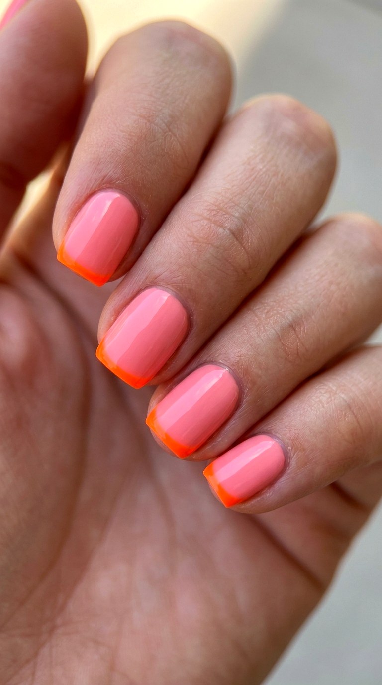 Coral Pink and Neon Orange Edges - 23 Soft Spring Ombre Nails