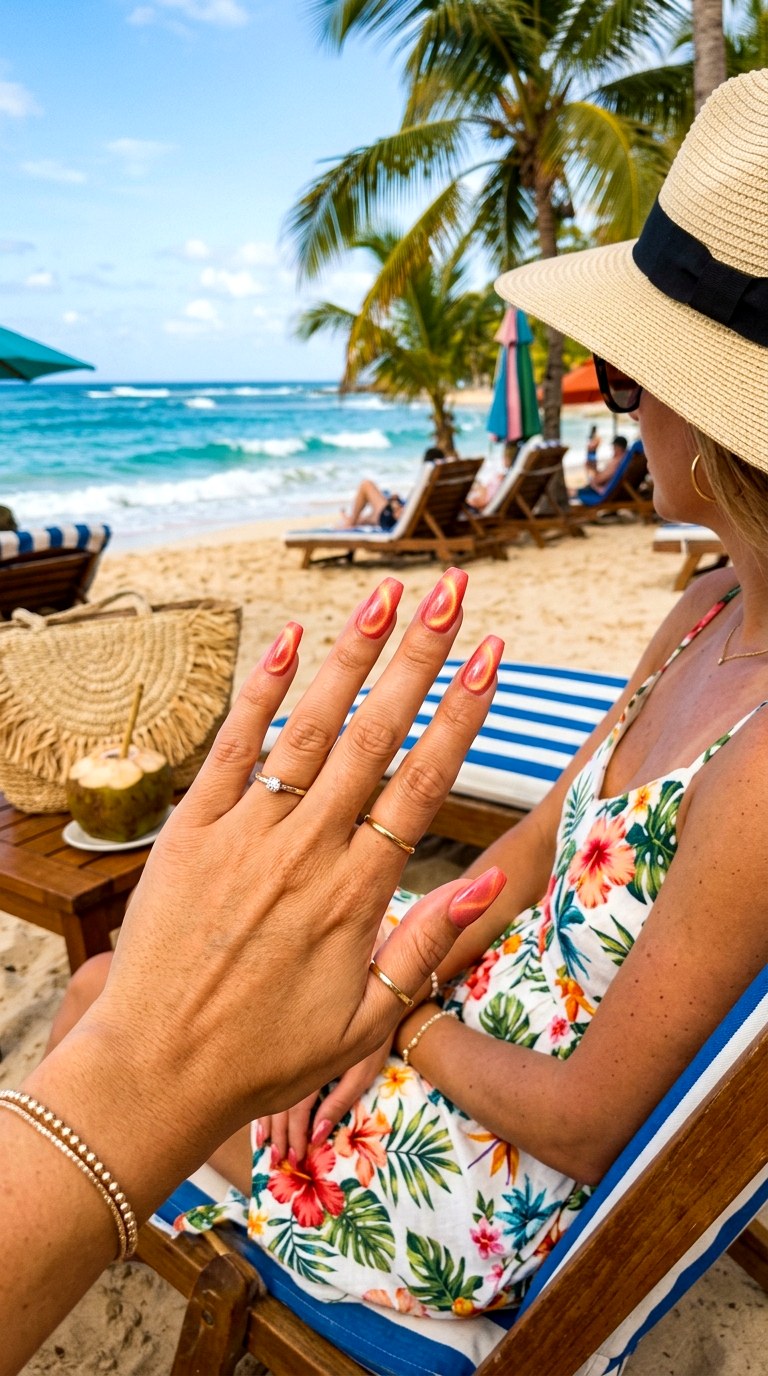 Coral Swirl Cat Eye Nails - 21 Summer Swirl Cat Eye Nails Ideas