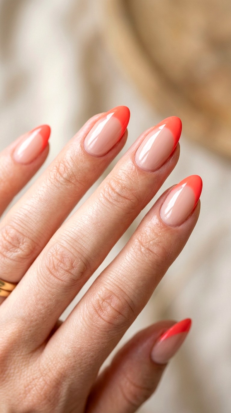 Coral Tips on Nude Pink Canvas - 25 Simple Spring Two Colored Nails