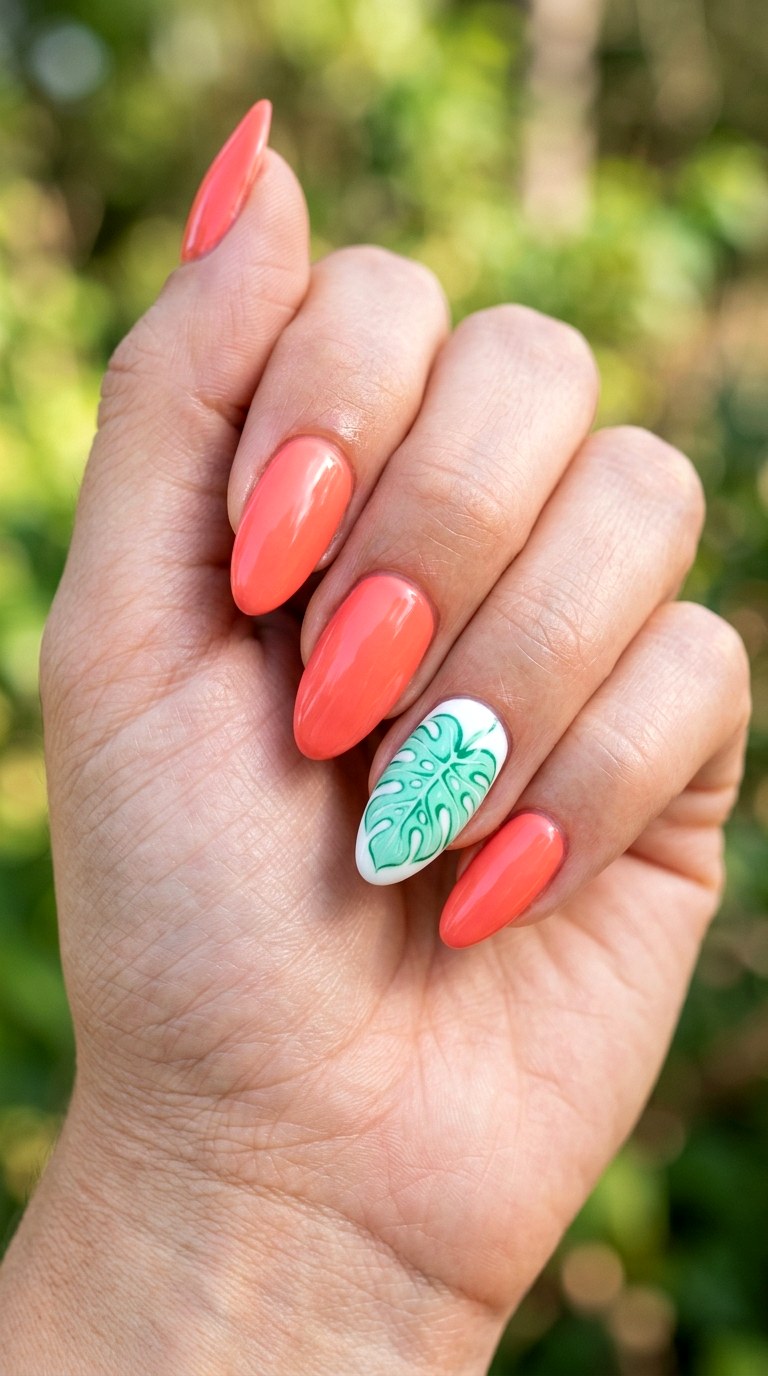 Coral and Mint Tropical Leaf - 27 Graphic Spring Two Colored Nails